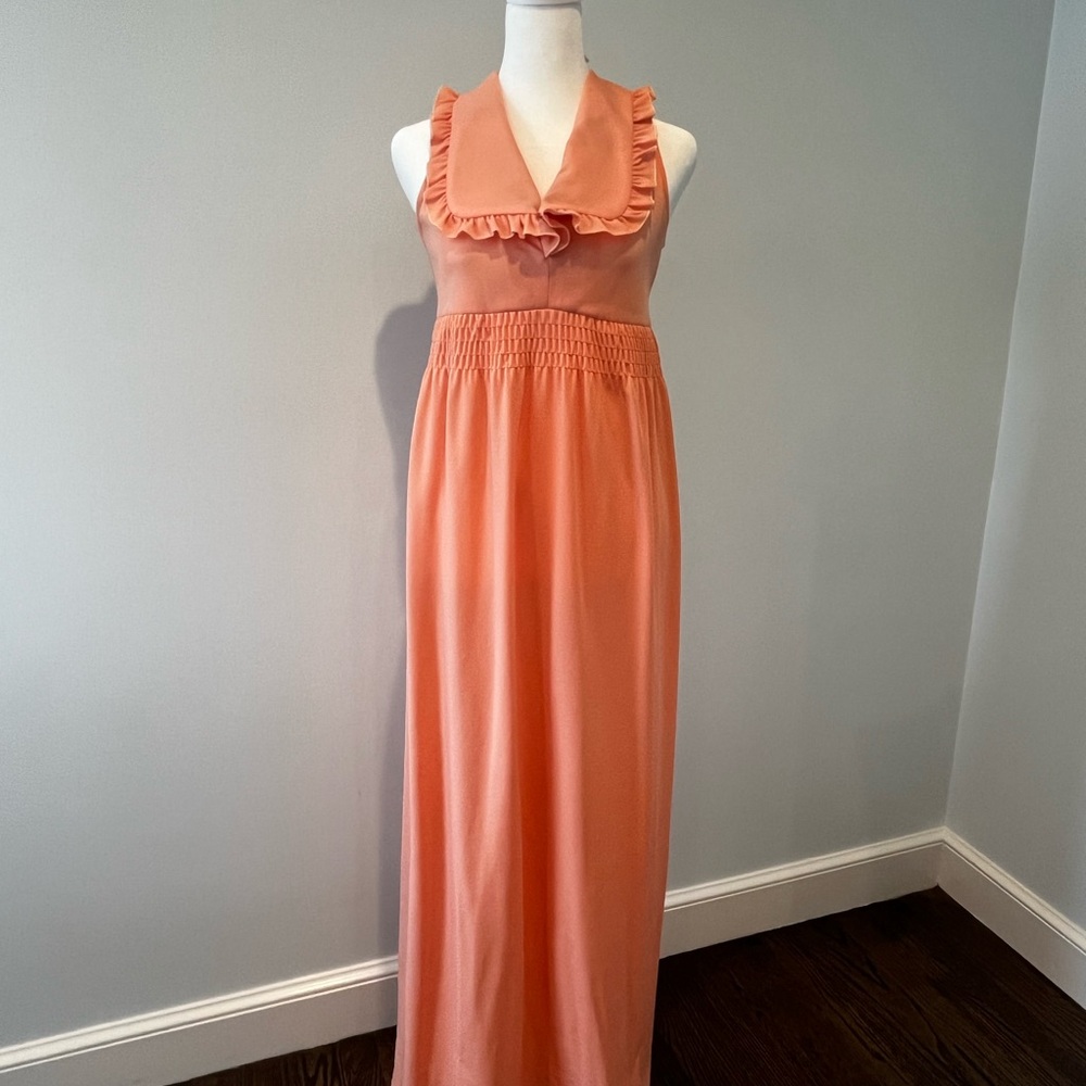 Vintage 70s Coral Polyester Dress-Small